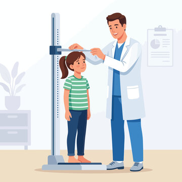 Doctor measures child's height with stadiometer in clinic, pediatric healthcare concept