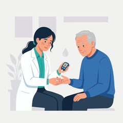 Fototapeta premium Doctor performing blood glucose test on elderly patient, vector illustration of diabetes care and medical check-up.
