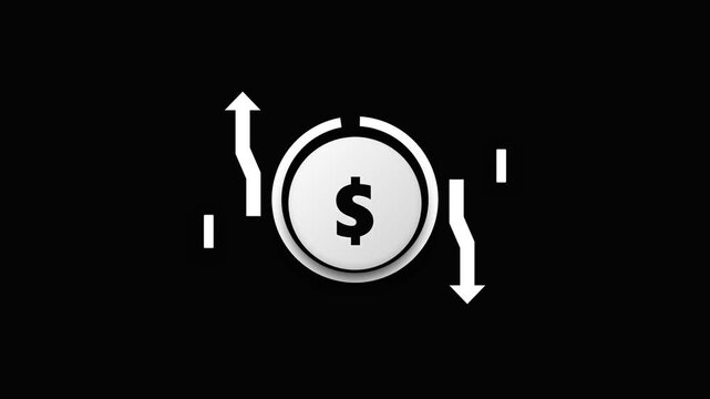 A financial concept shows a digital coin surrounded by arrows representing rising and falling currency values within a marketplace where investors track the fluctuating profit margins of global