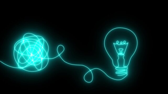 Glowing Neon Light Bulb with Tangled Line Concept Representing Creative Idea, Innovation, Problem Solving and Inspiration on 4k video.