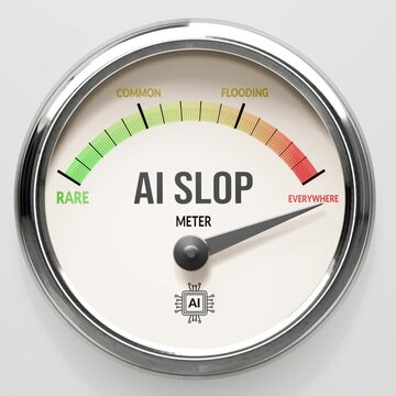 Ai slop - ai generated slop at maximum. High and rising values of ai slop. Meter needle reaching everywhere levels. Ai slop values off the charts. (No AI, made by humans for humans).