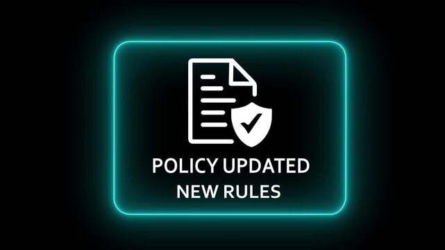 Policy updated concept on the black background. New rules implementation, governance management, and digital documentation process. Updated of new policy.4K motion graphics animation video.