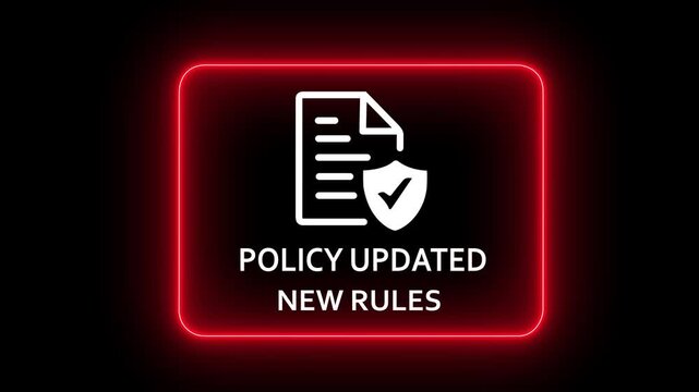 Policy updated concept on the black background. New rules implementation, governance management, and digital documentation process. Updated of new policy.4K motion graphics animation video.