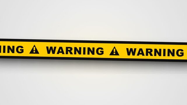 A horizontal yellow cautionary barrier tape features repeating black text and triangular hazard icons to notify personnel about potential dangers and restricted access areas within hazardous