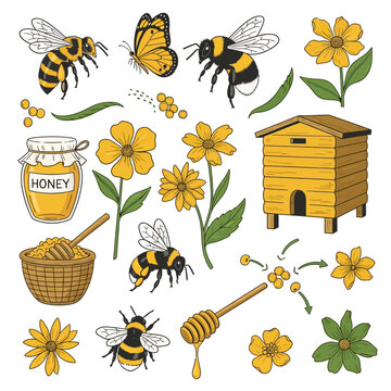 Hand-drawn vector doodle collection featuring honey bees, bumblebees, butterfly, wooden beehive, honey jar, dipper with dripping honey, yellow flowers, and basket on white background.
