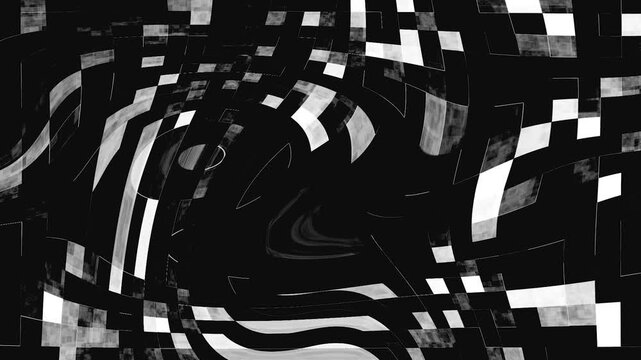 Abstract digital glitch patterns with flowing black and white textures during a data corruption simulation