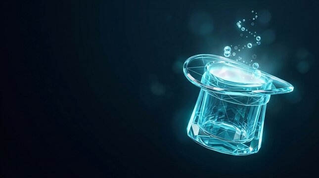 Magician top hat glowing digital wireframe levitating illustration with magician performance wireframe hologram levitation illusion abstract futuristic
