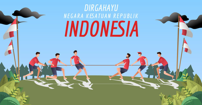 Indonesia Independence Day Poster Featuring Traditional Tug of War Competition with People Celebrating National Holiday