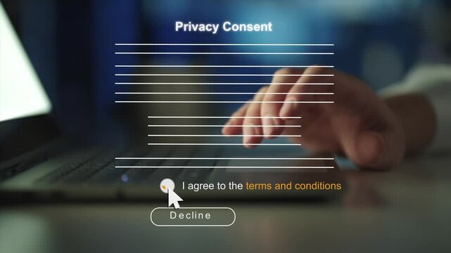 Legal team member reviewing a digital privacy consent form and terms conditions document on a web interface. agreement compliance, data protection policy, and legal regulations.