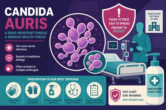 Candida auris medical infographic showing drug resistant fungus pathology and hospital infection control