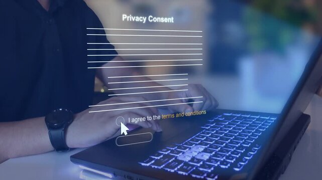 Legal team member reviewing a digital privacy consent form and terms conditions document on a web interface. agreement compliance, data protection policy, and legal regulations.