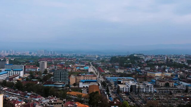Aerial view of a densely populated city under the sky of Myanmar