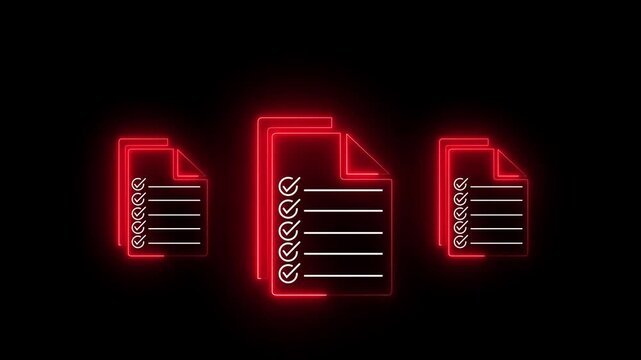 Glowing neon online document checklist icon with multiple files on a transparent background, digital document management, business workflow and task completion motion graphic animation.