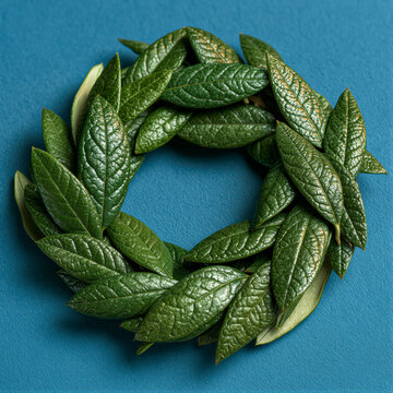 Photorealistic olive wreath on UN blue backdrop, glossy emerald leaves with intricate veins, soft cinematic lighting, clean negative space ideal for global peace campaigns, corporate branding, and...