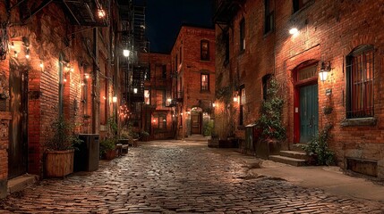 Fototapeta premium Illuminated cobblestone street in Savannah, Georgia at night with historic buildings.