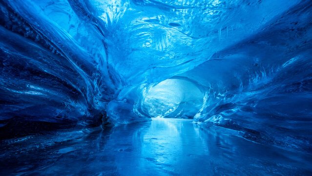 Ancient Glacial Ice Passage with Layered Blue Ice Striations and Transmitted Light
