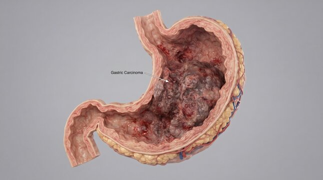 Cross-section of a human stomach showing advanced cancerous tumor growth and tissue damage.