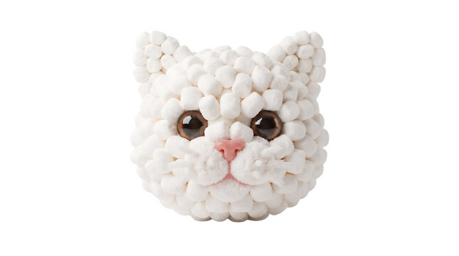Cute white cat head sculpture made of fluffy marshmallows isolated on transparent background artistic 3d render of creative sweet food art character for dessert design.