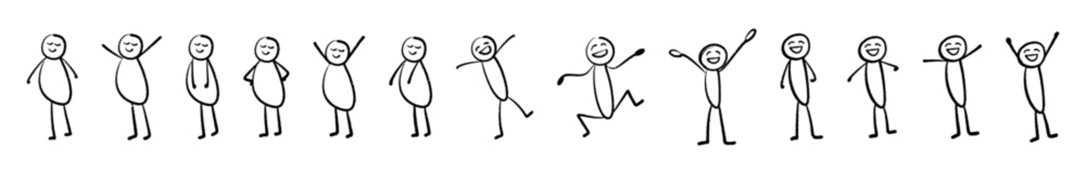 hand drawn stick figure happy pose. joy. facial expression.