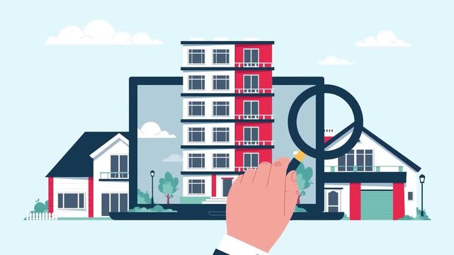 2D animation of a hand holding a magnifying glass inspecting a house building icon property search concept