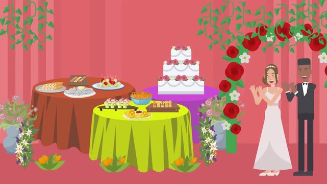 2D animation of a bride in white gown and groom in tuxedo standing near a wedding cake decoration background