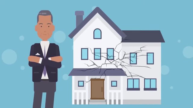 2D animation of a businessman with arms crossed standing next to a damaged house with a crack wall inspection