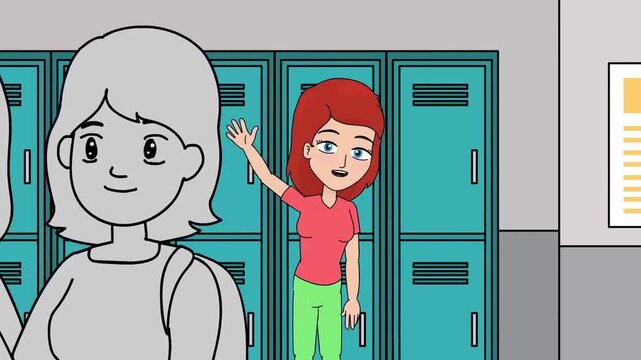 2D animation of a red-haired girl waving hand near school lockers with monochrome sketch figures classroom
