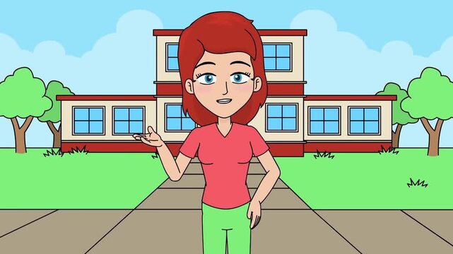 2D animation of a red-haired woman standing and waving hand outside a large school or college building