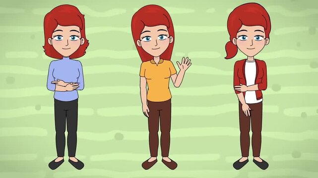 2D animation showing three different poses and outfits of a red-haired woman character green background concept