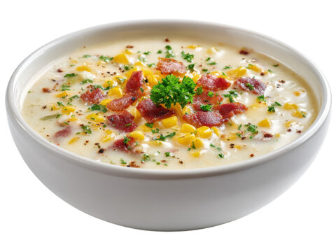 Creamy corn chowder topped with crispy bacon bits and fresh parsley in white bowl.