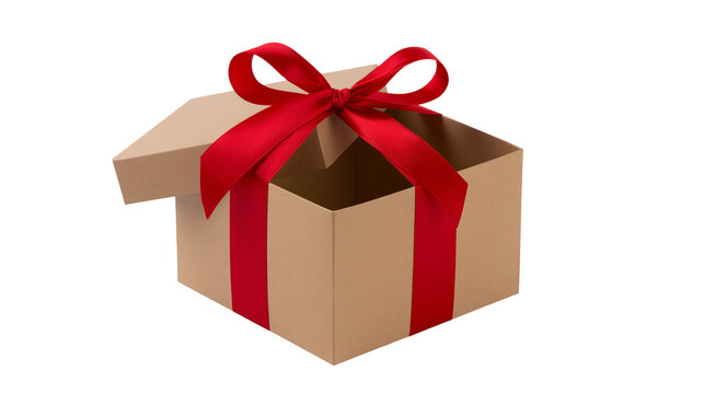 Open cardboard gift box with red ribbon bow