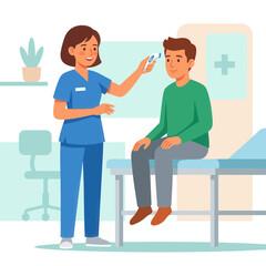 Obraz premium Nurse checking patient's temperature with infrared thermometer in clinic exam room, healthcare concept.