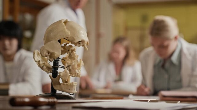 Anatomical skull model resting on desk while diverse young adult medical students in lab coats study and take notes in background. Ideal for healthcare education and university marketing