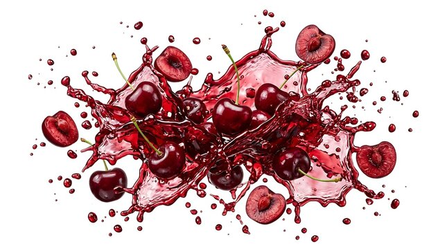 Fresh red cherries splashing in sweet fruit juice