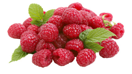 Heap of fresh ripe raspberries with green leaves © Isadora