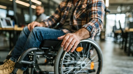Obraz premium Man in wheelchair sits casually in a modern office setting, conveying accessibility and a relaxed working atmosphere