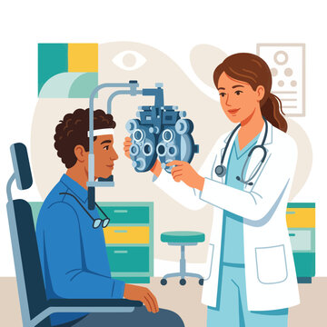 Optometrist examining patient's eyes with phoropter in modern clinic, vector illustration