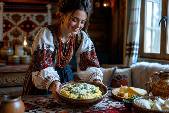 Authentic Carpathian local-flavours concept featuring a Hutsul woman serving traditional banosh in a mountain home, blending regional food, folk craftsmanship and cultural identity in a premium editor