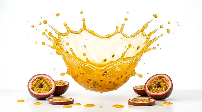 Fresh passion fruit juice splash with sliced fruit