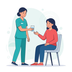 Fototapeta premium Nurse offering water to patient, symbolizing care, recovery, and health assistance in a simple, modern vector illustration.
