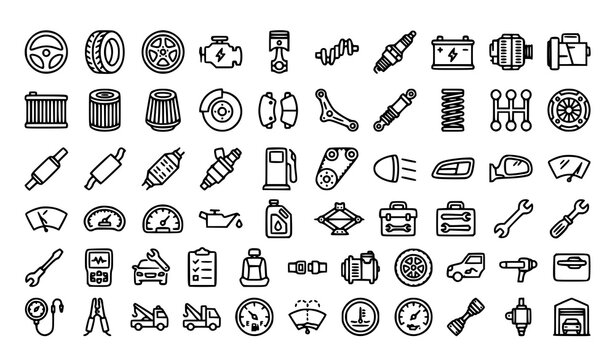 Professional Auto Parts and Automotive Repair Outline Icon Set Editable Stroke Vector Collection