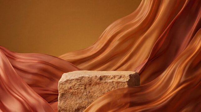 Rough stone block podium among orange silk for product display