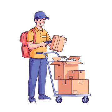 Delivery man checking smartphone with packages on a hand truck