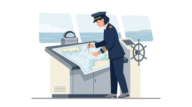 Female captain studying nautical map on ship bridge.