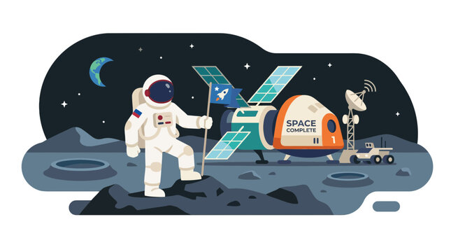 Astronaut by lunar lander and rover