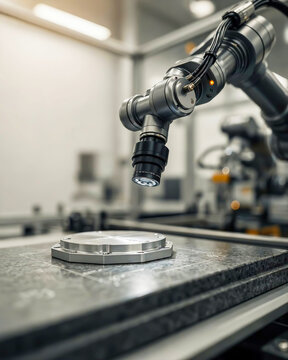 High-precision industrial robotic arm inspecting a metallic component in a modern automated factory setting