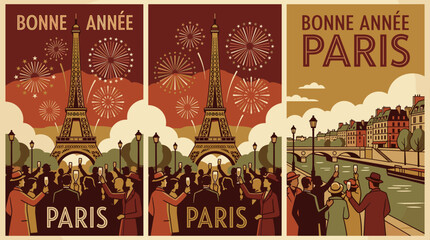 Vintage travel poster illustration of people celebrating with champagne in Paris, Eiffel Tower and city skyline with fireworks. © moh
