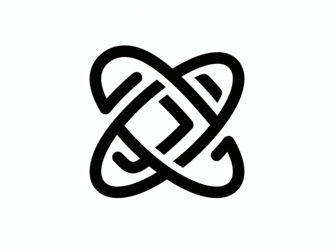 Abstract line art logo depicting intersecting diagonal loops forming an atomic orbit and infinity symbol. Vector emblem for science, technology, innovation, data network, and physics research.