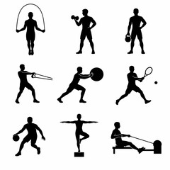 Naklejka premium Fitness Exercise Silhouettes Set Featuring Men Training with Jump Rope Dumbbell Kettlebell Resistance Band Medicine Ball Tennis Racket Basketball Yoga and Rowing Machine Equipment