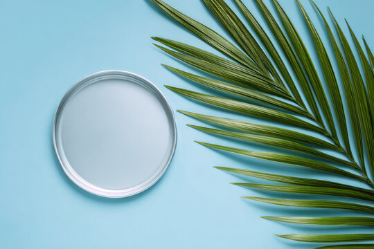Gray empty decorative plate and green palm leaf on blue background, product and cosmetic display stage 